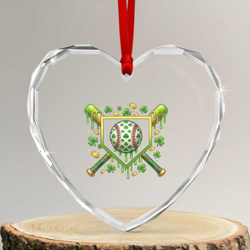 St Patricks Day Baseball Ice Cream Drip Home Plate Heart Crystal Glass Ornament