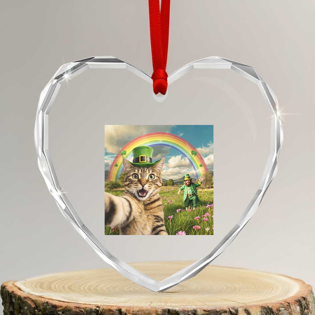 St Patricks Day Cat Selfie with Leprechaun Heart Crystal Glass Ornament