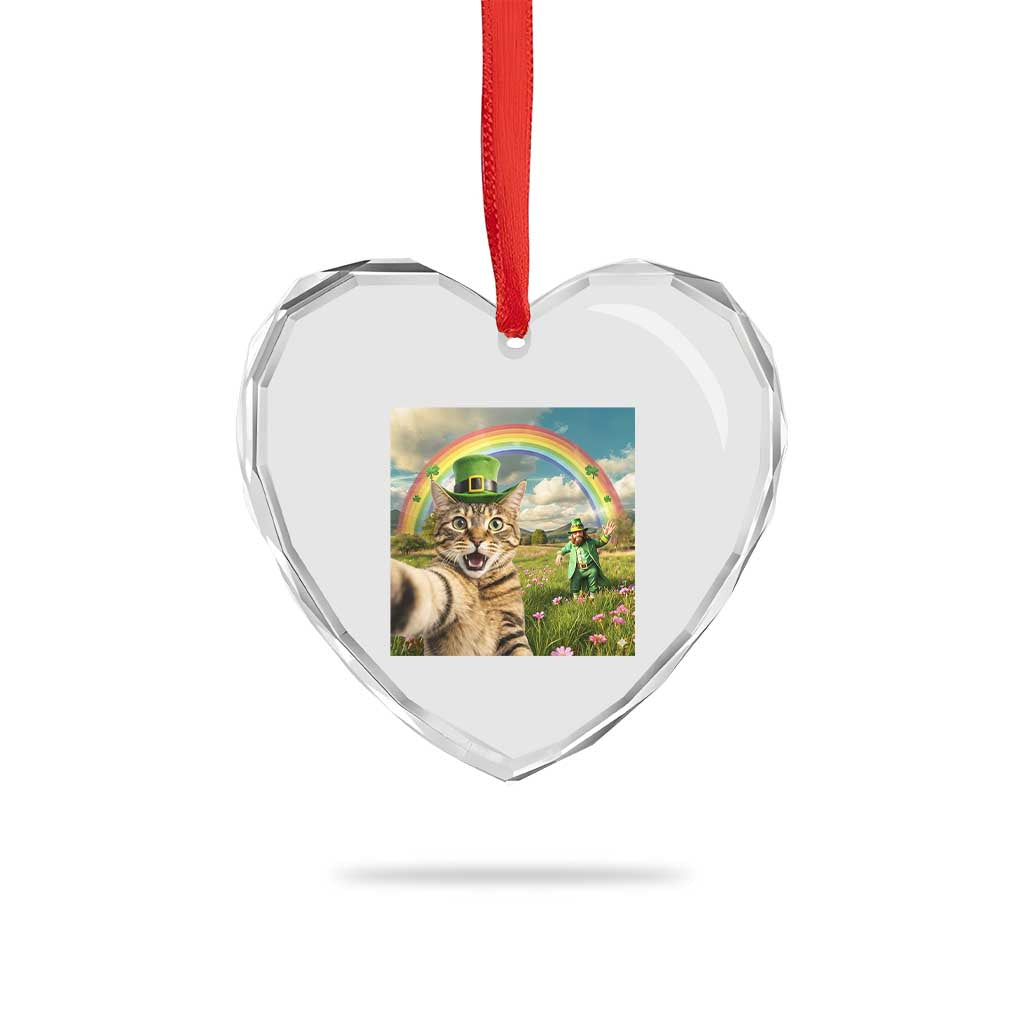 St Patricks Day Cat Selfie with Leprechaun Heart Crystal Glass Ornament