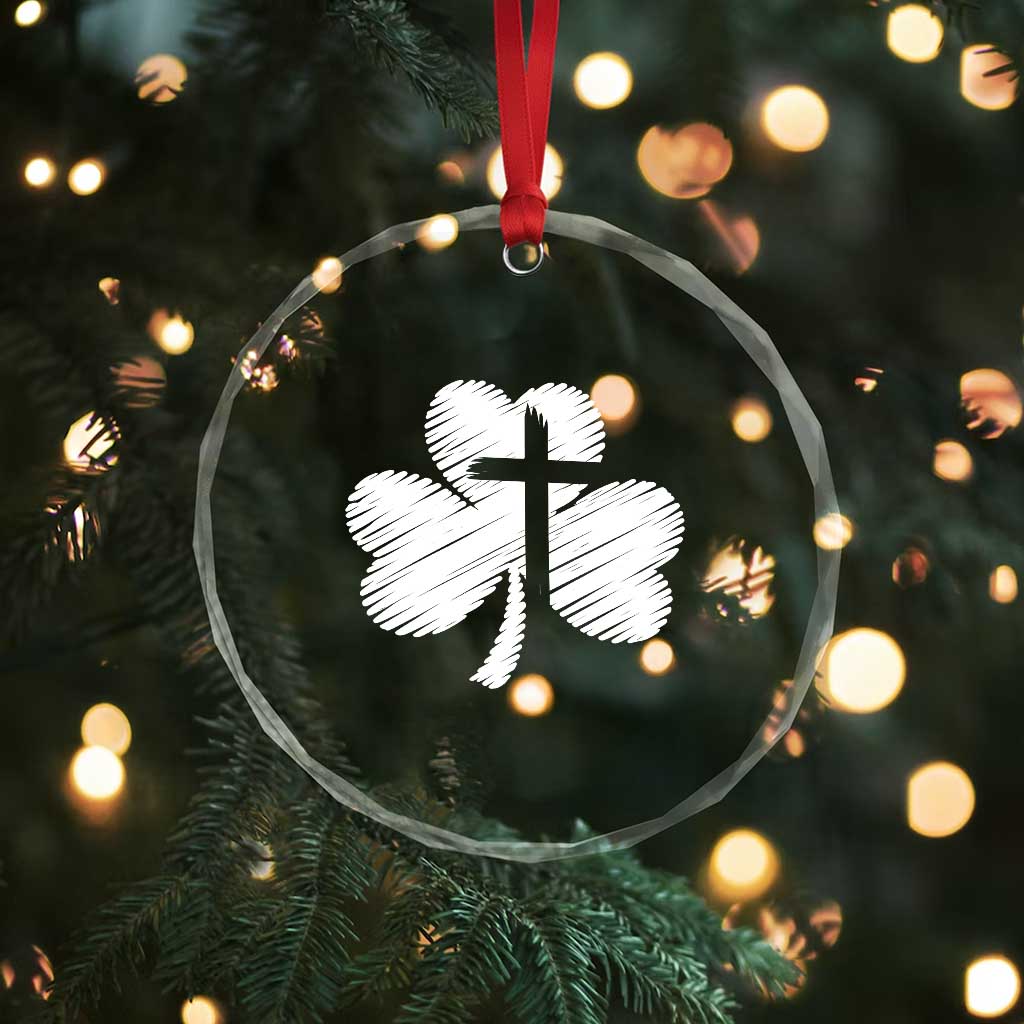 St Patricks Day Christian Religious Shamrock Cross Crystal Glass Ornament