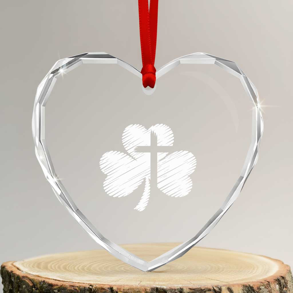 St Patricks Day Christian Religious Shamrock Cross Heart Crystal Glass Ornament