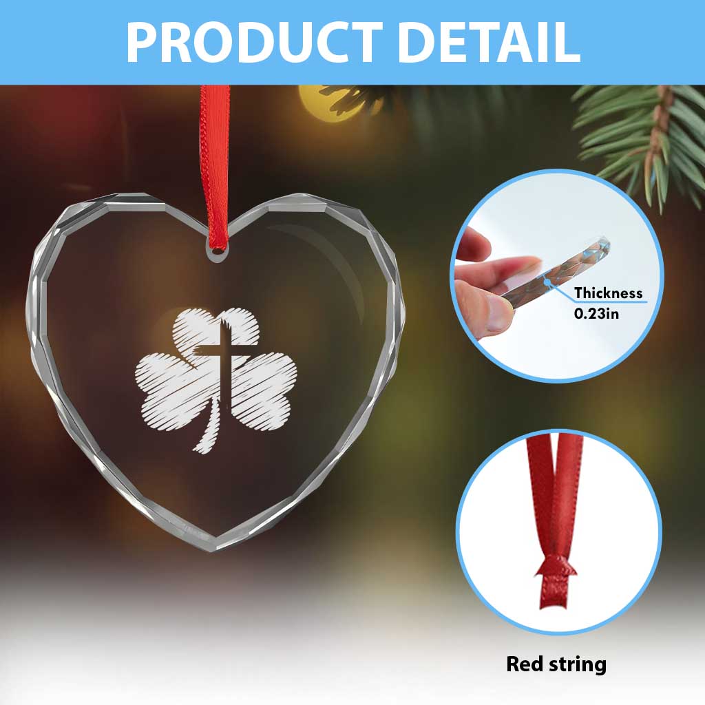 St Patricks Day Christian Religious Shamrock Cross Heart Crystal Glass Ornament