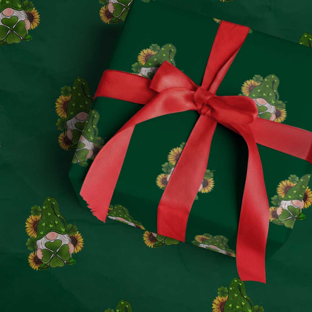 St Patrick's Day Cute Gnomes Wrapping Paper Roll Holding Shamrock Sunflower - Wonder Print Shop