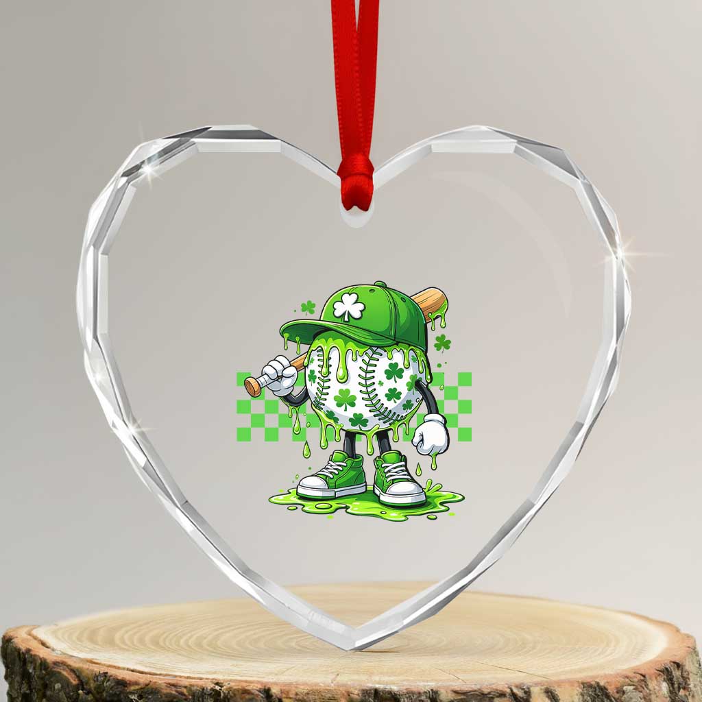 St Patricks Day Shamrock Baseball Player Gift Heart Crystal Glass Ornament