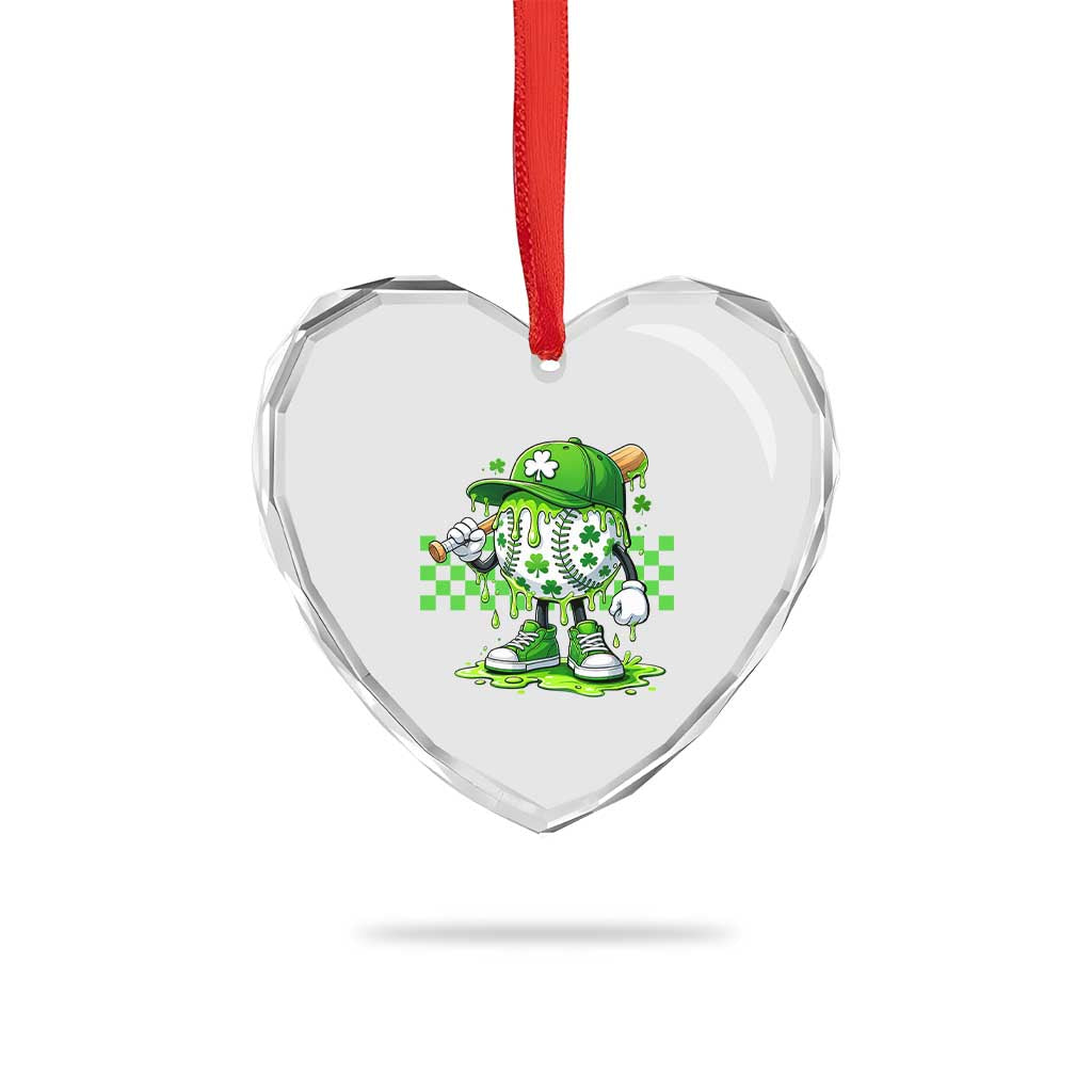 St Patricks Day Shamrock Baseball Player Gift Heart Crystal Glass Ornament