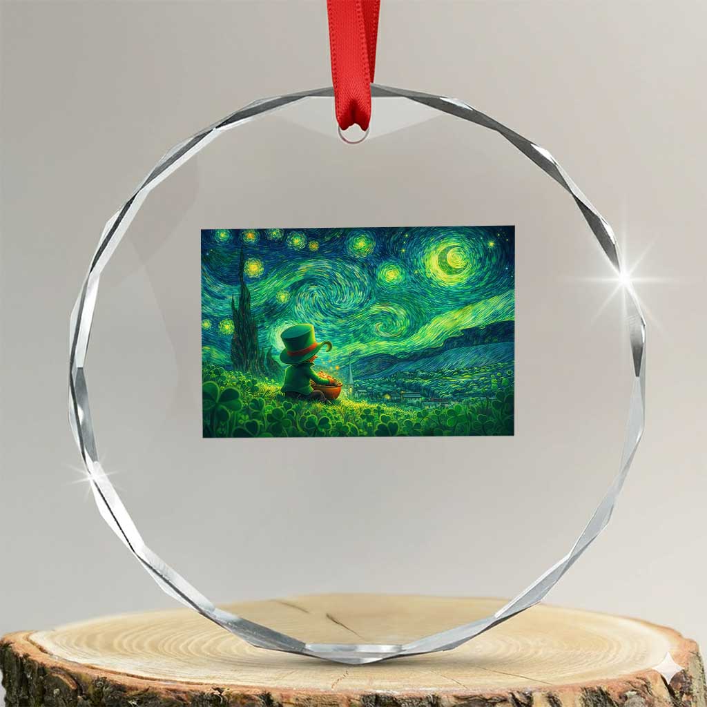 St Patricks Day Starry Night Leprechaun Shamrock Van Gogh Crystal Glass Ornament