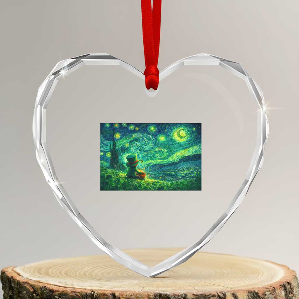 St Patricks Day Starry Night Leprechaun Shamrock Van Gogh Heart Crystal Glass Ornament