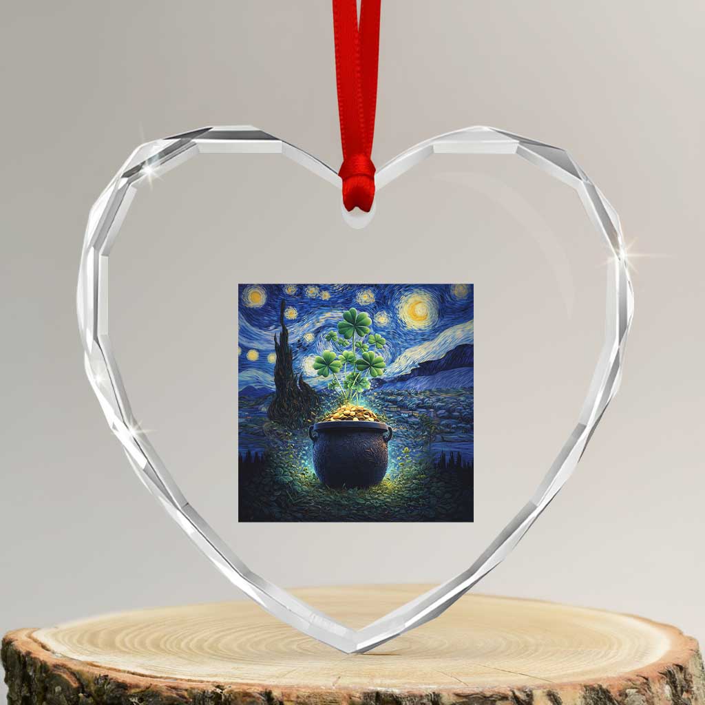St Patricks Day Starry Night Shamrock Van Gogh Art Heart Crystal Glass Ornament