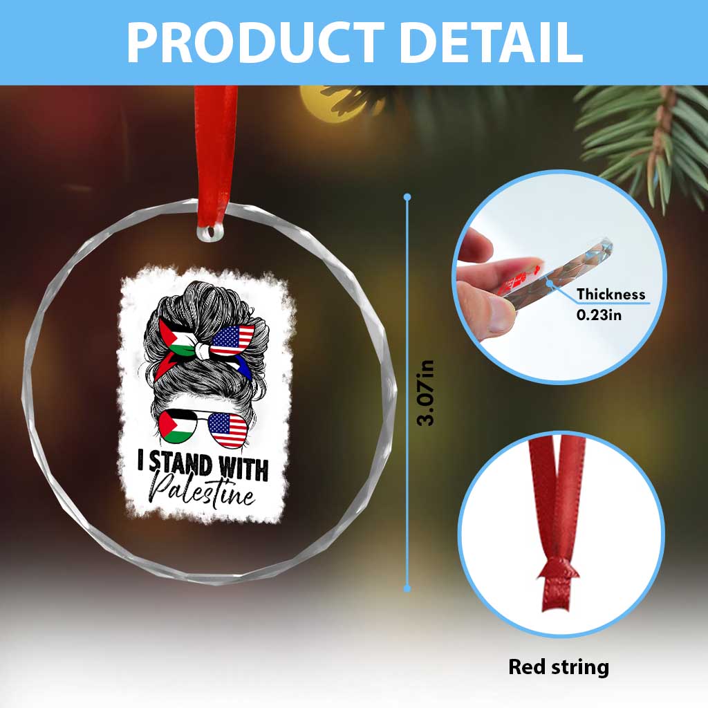 Stand With Palestine Crystal Glass Ornament Messy Bun Gaza Palestinian Flag TS10