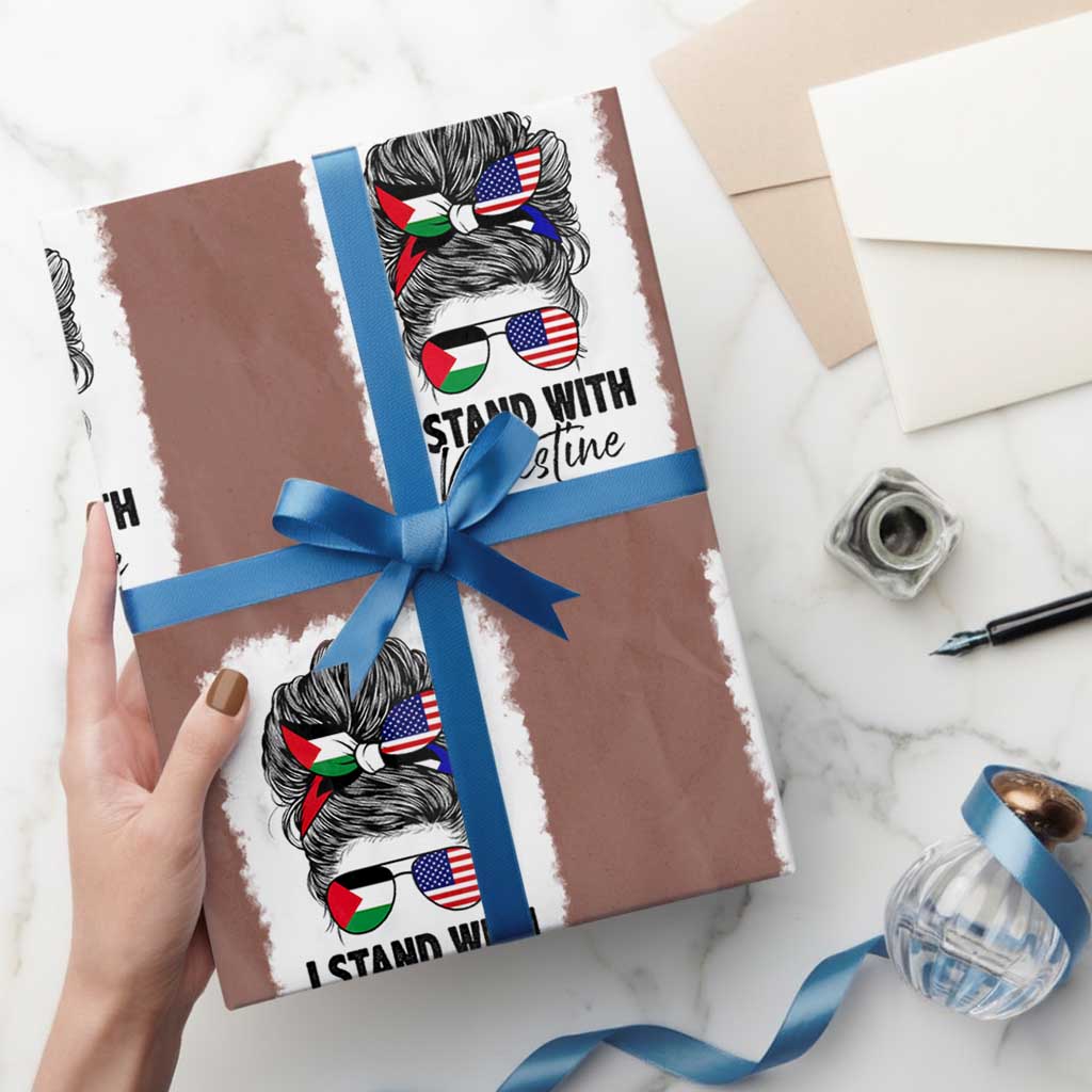 Stand With Palestine Wrapping Paper Roll Messy Bun Gaza Palestinian Flag - Wonder Print Shop