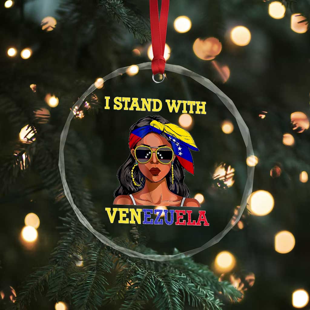 Stand With Venezuela Patriotic Crystal Glass Ornament Venezuelan Flag Empowering Afro Latina Messy Bun Bandana - Wonder Print Shop