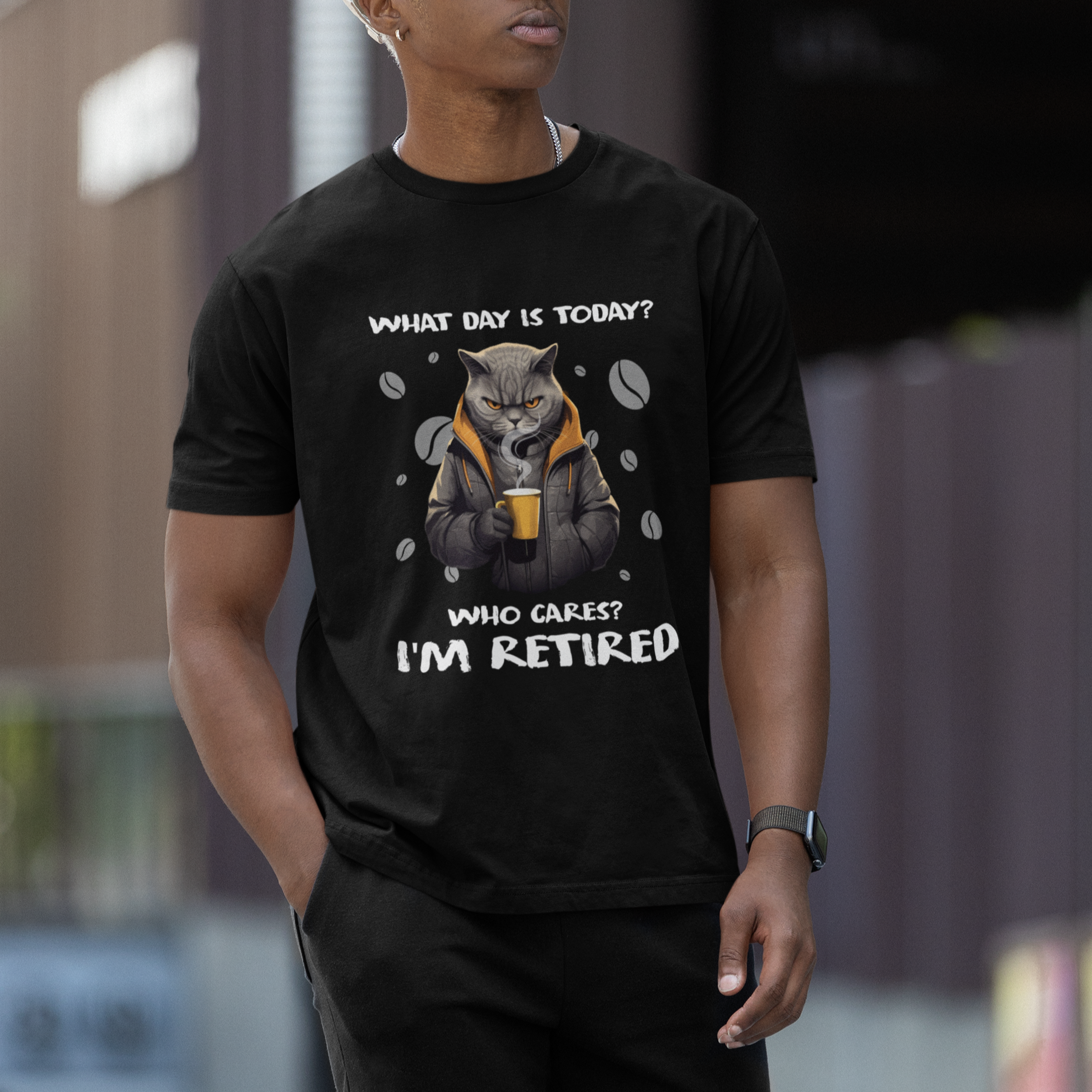Retirement T Shirt What Day Is Today Who Cares Im Retired Funny Cat Drinking Coffee - Wonder Print Shop