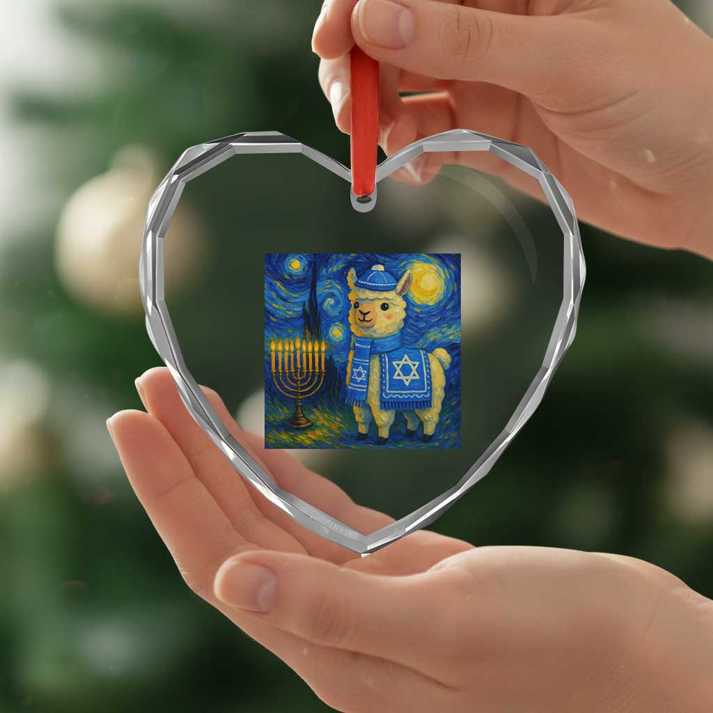 Starry Hanukkah Night Heart Crystal Glass Ornament Funny Llama Jewish Holiday Gift - Wonder Print Shop