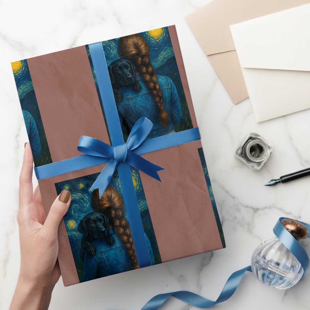 Starry Night Art Parody Wrapping Paper Roll Girl And Labrador Retriever Dog Mom Gift - Wonder Print Shop
