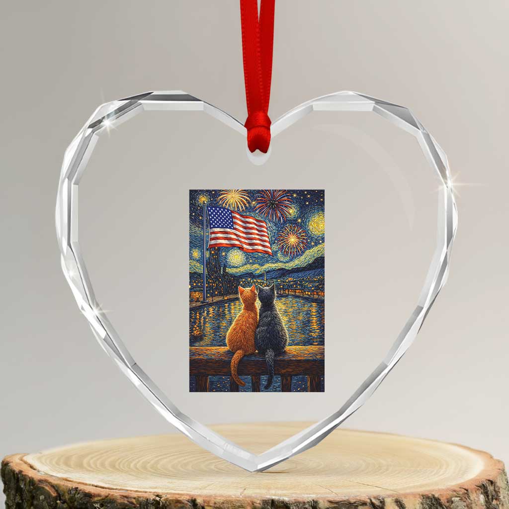 Starry Night Cat Patriotic American Pride Heart Crystal Glass Ornament