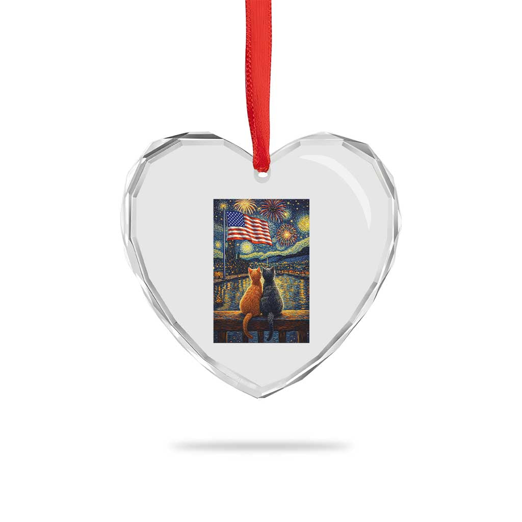 Starry Night Cat Patriotic American Pride Heart Crystal Glass Ornament