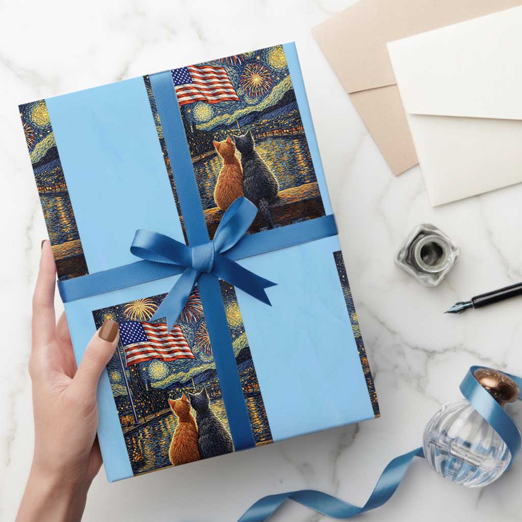 Starry Night Cat Patriotic American Pride Wrapping Paper Roll