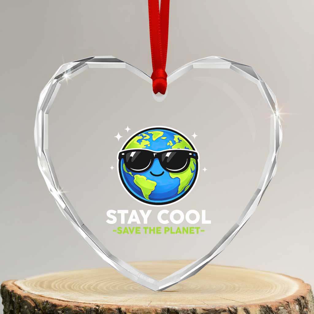 Stay Cool Save The Planet Eco-Friendly Earth Day Heart Crystal Glass Ornament Cute Cartoon Globe with Sunglasses for Environmental Awareness