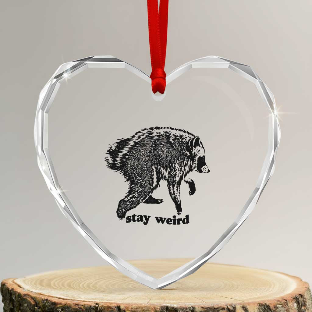 Stay Weird Jimothy the Raccoon Vintage Woodcut Style Graphic Heart Crystal Glass Ornament Funny Seattle Trash Panda Meme