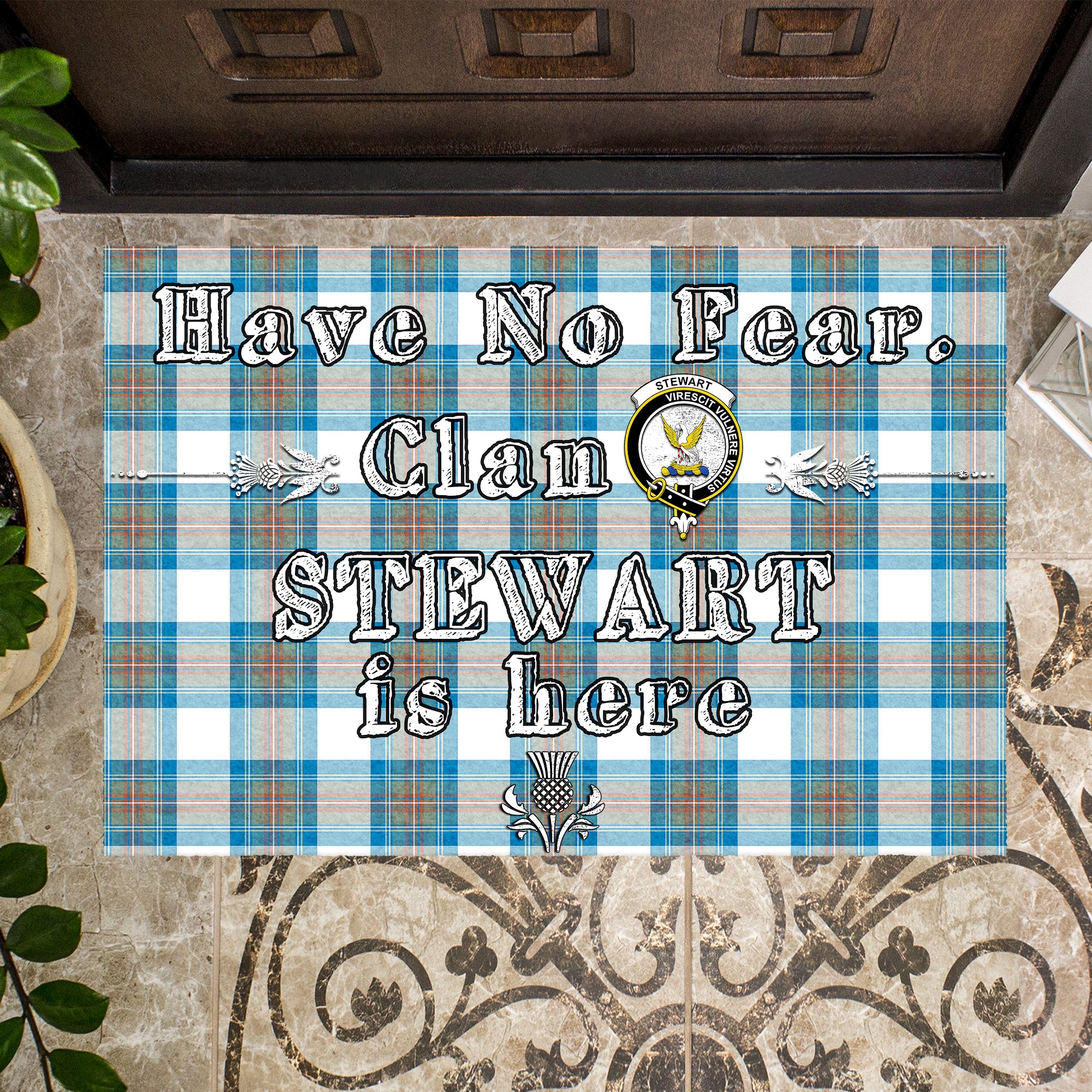 stewart-muted-blue-clan-tartan-door-mat-family-crest-have-no-fear-tartan-door-mat