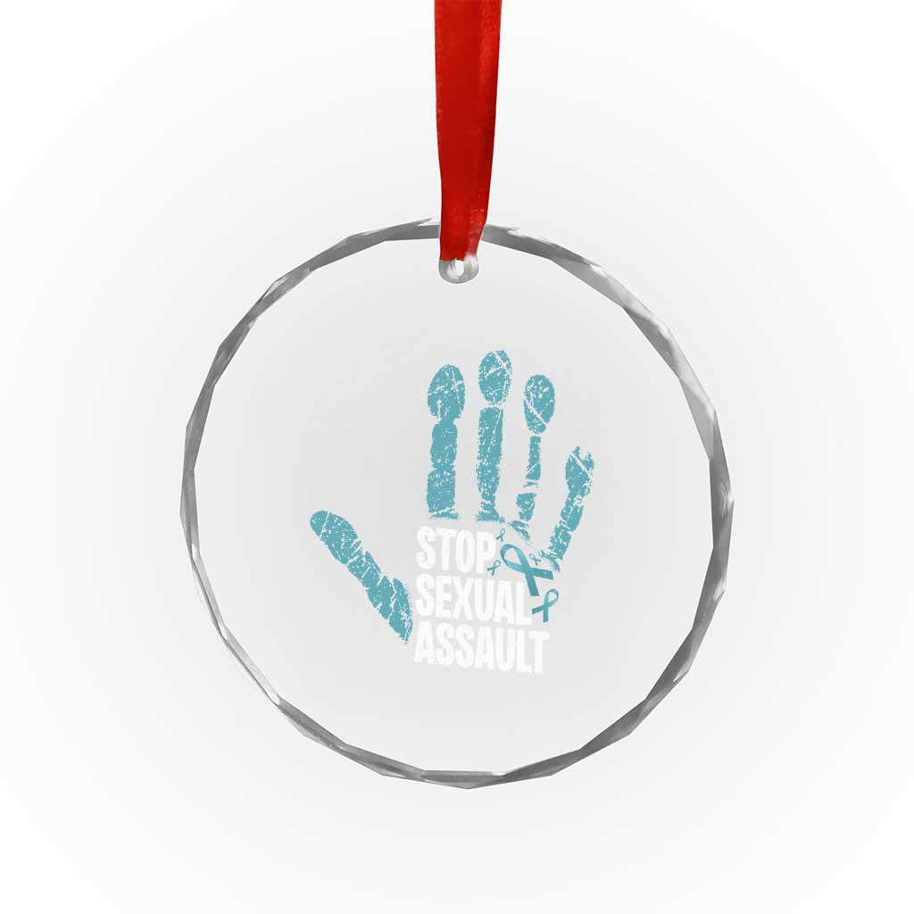 Stop Sexual Assault Crystal Glass Ornament Teal Ribbon Hand