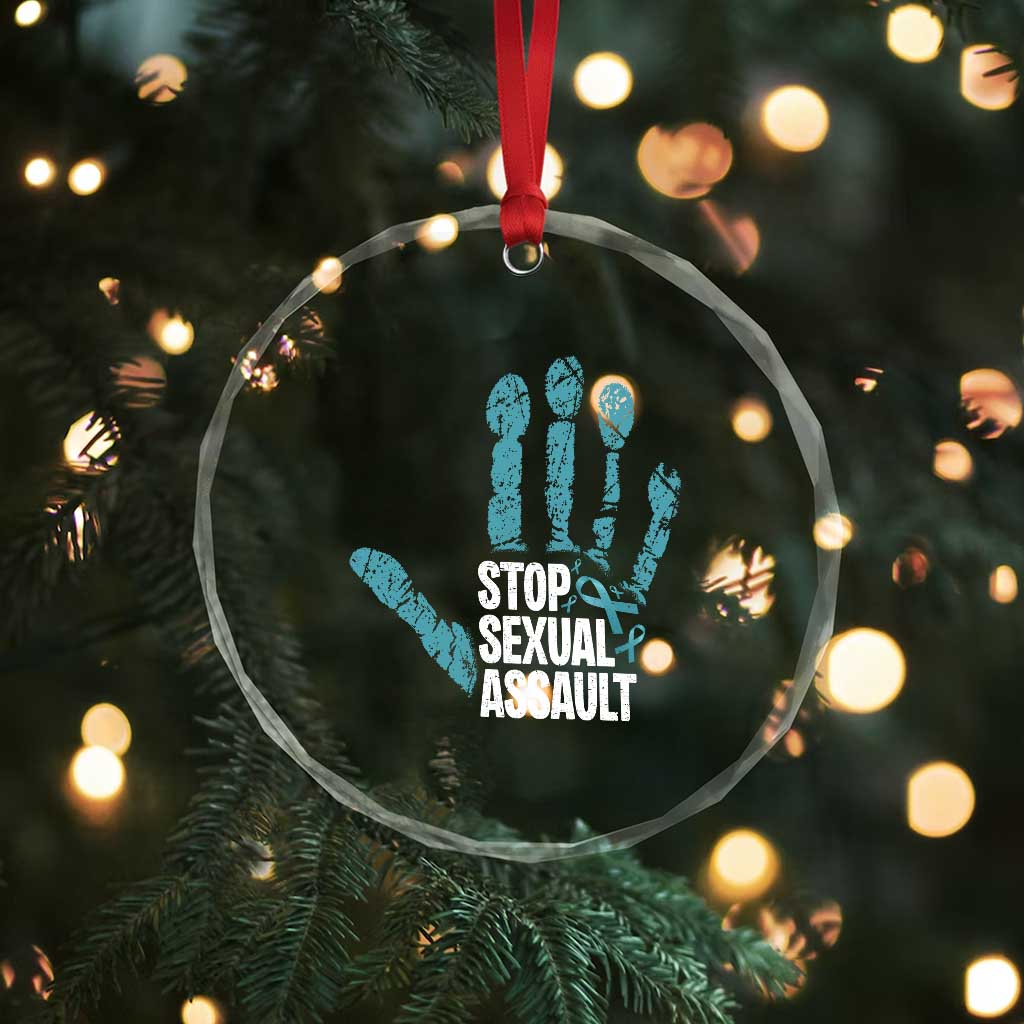 Stop Sexual Assault Crystal Glass Ornament Teal Ribbon Hand