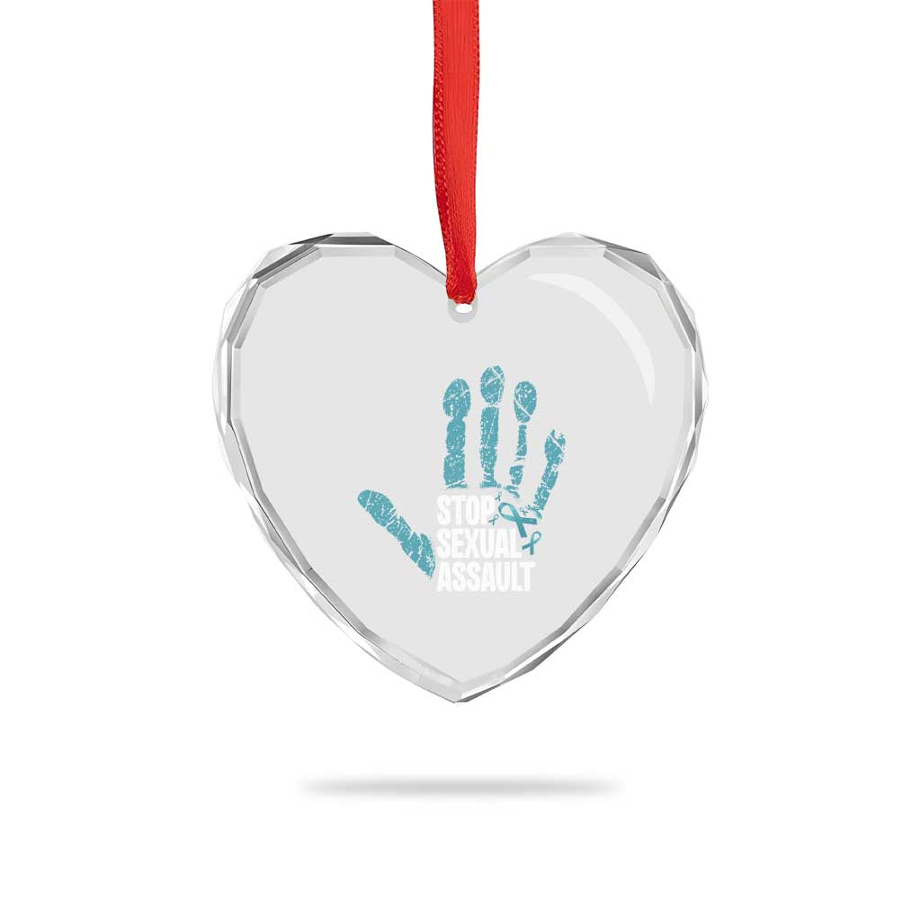 Stop Sexual Assault Heart Crystal Glass Ornament Teal Ribbon Hand