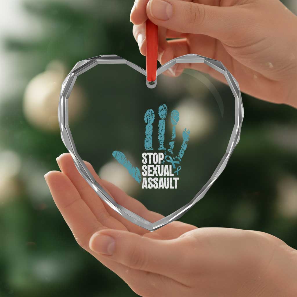 Stop Sexual Assault Heart Crystal Glass Ornament Teal Ribbon Hand
