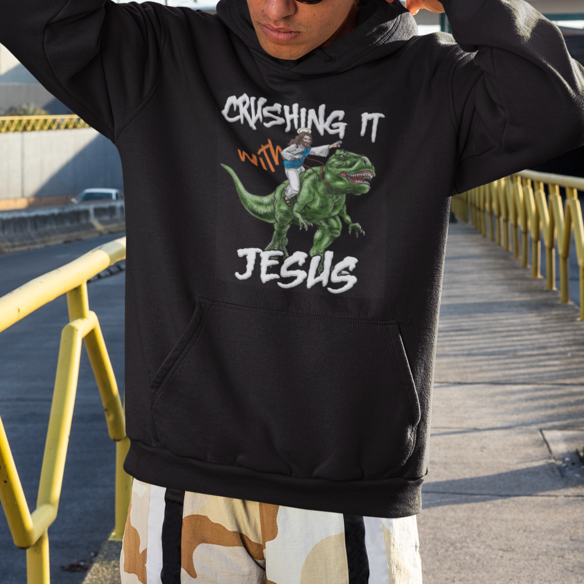 Crushing It With Jesus Hoodie Funny Riding Dinosaur - Wonder Print Shop