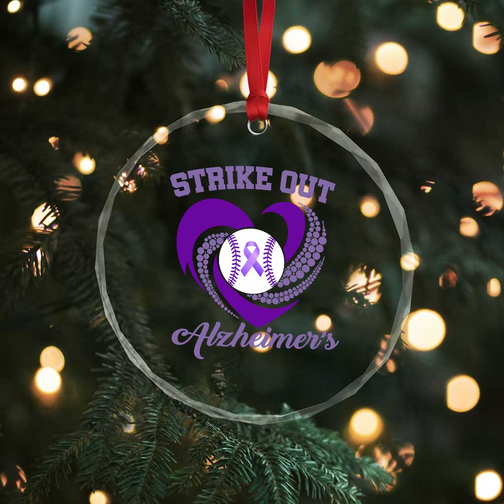 Strike Out Alzheimers Crystal Glass Ornament Purple Ribbon Baseball Hope Support
