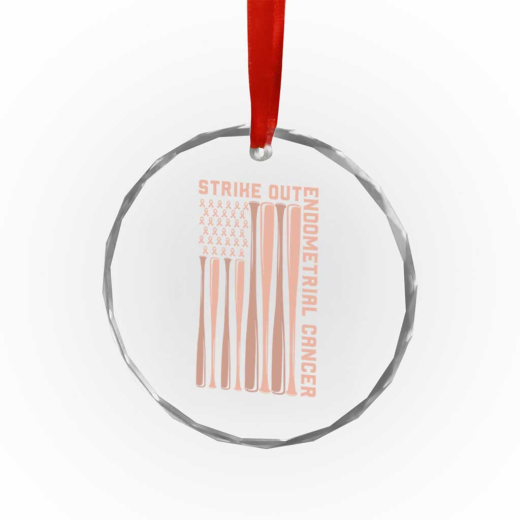 Strike Out Endometrial Cancer Baseball Crystal Glass Ornament Peach Ribbon American Flag Support Gift