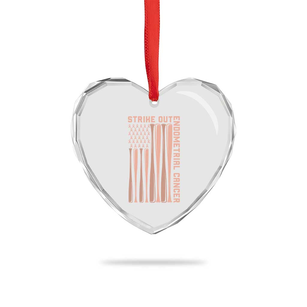 Strike Out Endometrial Cancer Baseball Heart Crystal Glass Ornament Peach Ribbon American Flag Support Gift