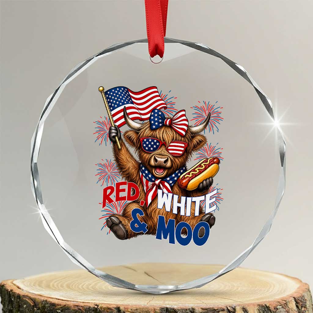 Striped Highland Cow 4th Of July Crystal Glass Ornament Red White And Moo
