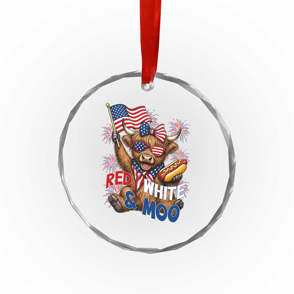 Striped Highland Cow 4th Of July Crystal Glass Ornament Red White And Moo