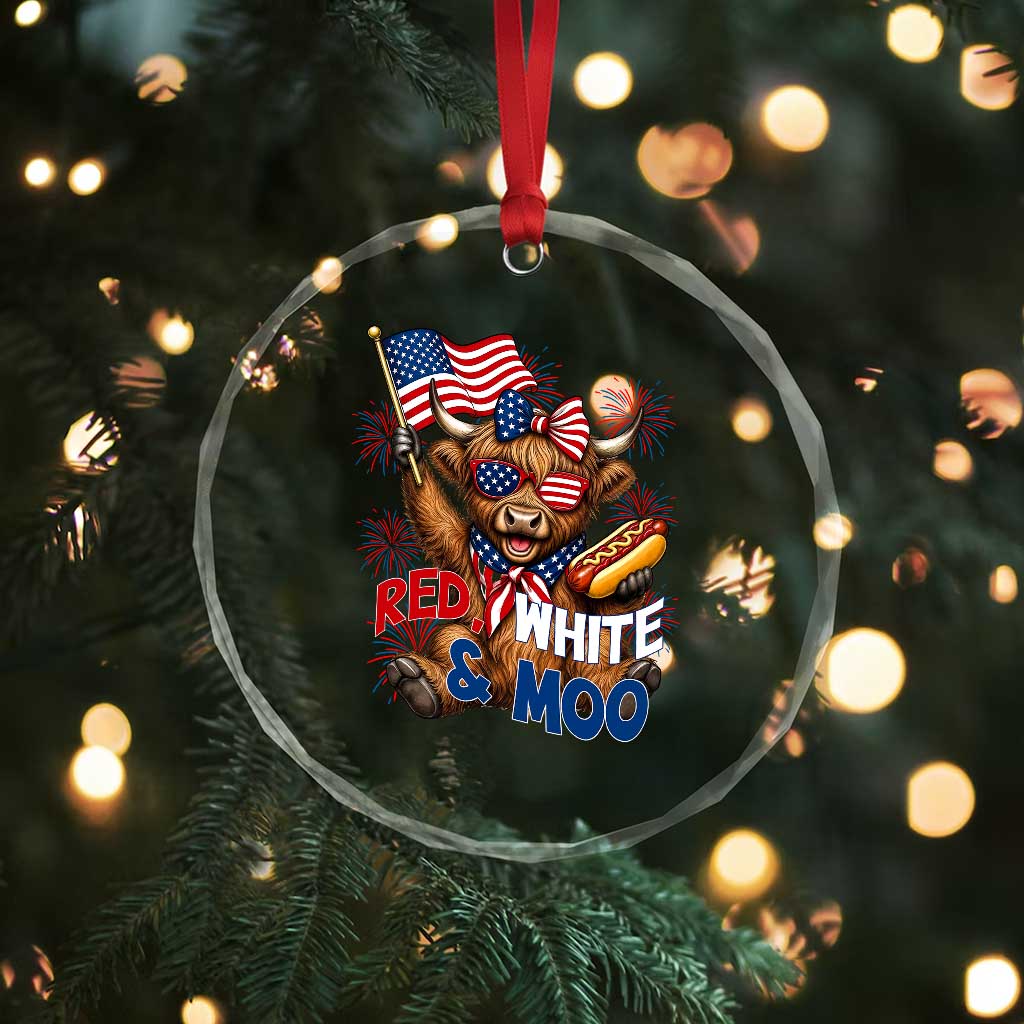 Striped Highland Cow 4th Of July Crystal Glass Ornament Red White And Moo