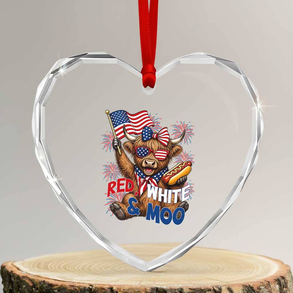 Striped Highland Cow 4th Of July Heart Crystal Glass Ornament Red White And Moo