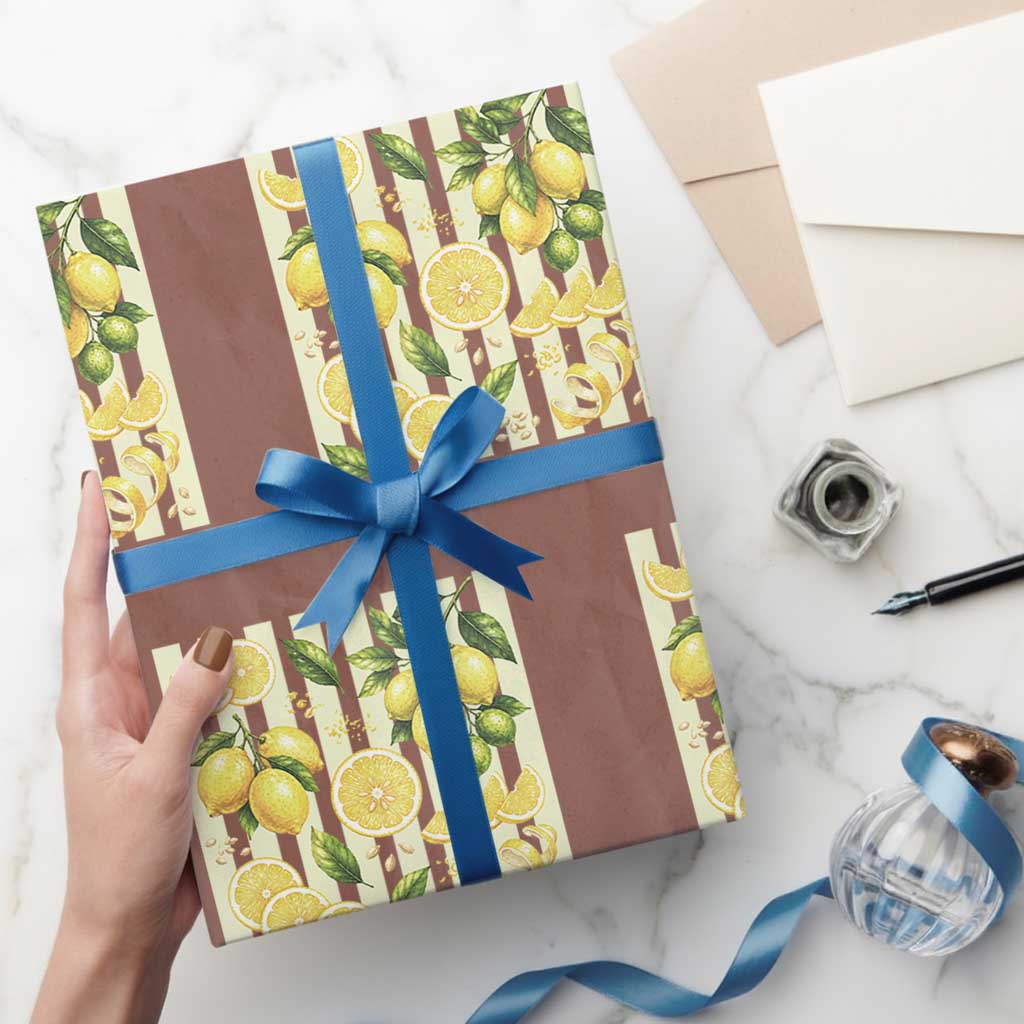 Striped Summer Lemon Wrapping Paper Roll Citrus Fruit Lover Gift