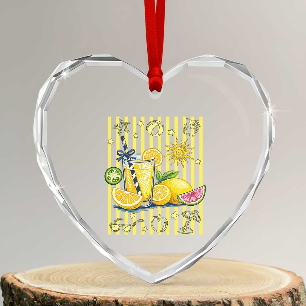 Striped Summer Lemonade Heart Crystal Glass Ornament Preppy Brushstroke Aesthetic Graphic