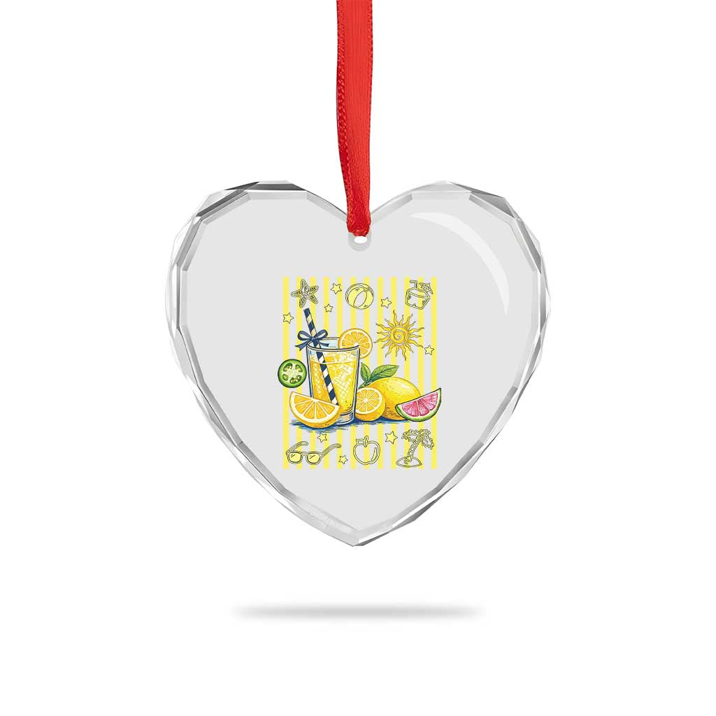 Striped Summer Lemonade Heart Crystal Glass Ornament Preppy Brushstroke Aesthetic Graphic