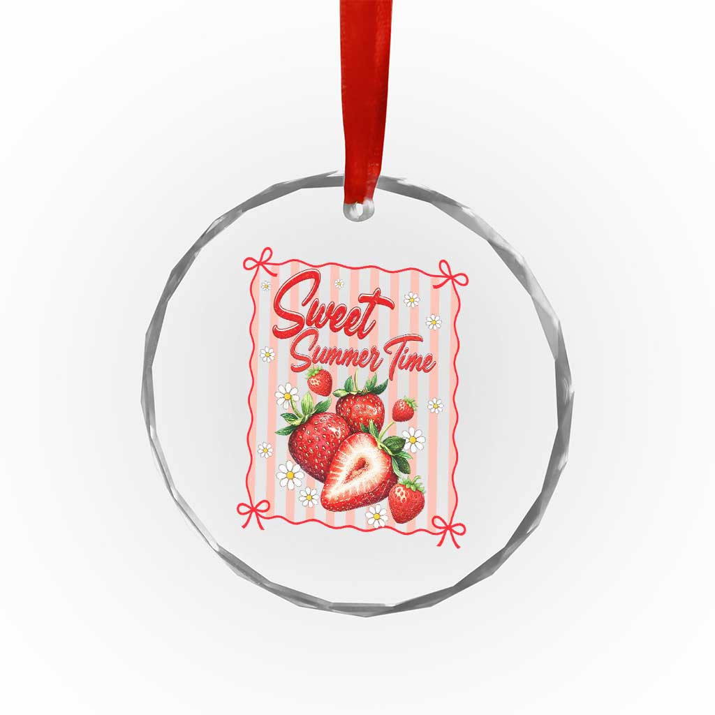 Striped Summer Strawberry Crystal Glass Ornament Preppy Beach Vibes Graphic