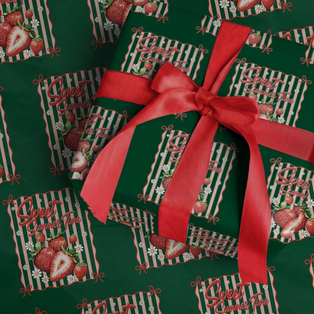 Striped Summer Strawberry Wrapping Paper Roll Preppy Beach Vibes Graphic