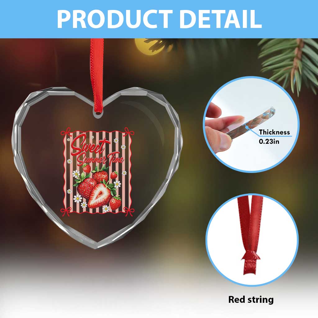 Striped Summer Strawberry Heart Crystal Glass Ornament Preppy Beach Vibes Graphic