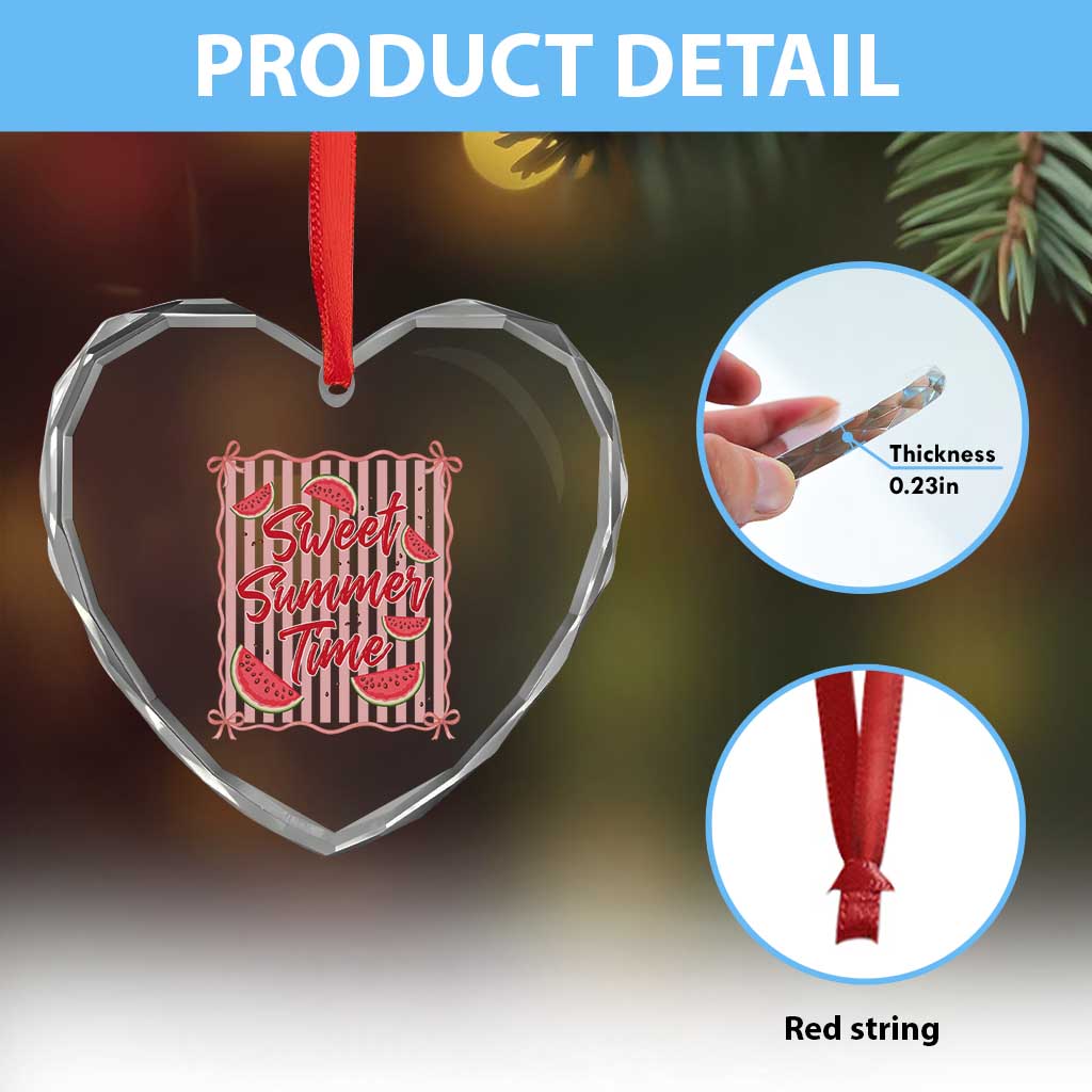 Striped Watermelon Beach Vibes Graphic Heart Crystal Glass Ornament Sweet Summer Time