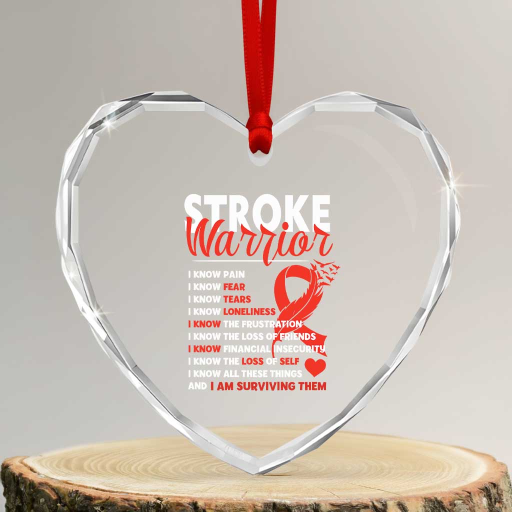 Stroke Warrior Heart Crystal Glass Ornament I know Pain Fear Feather Red Ribbon