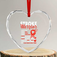 Stroke Warrior Heart Crystal Glass Ornament I know Pain Fear Feather Red Ribbon