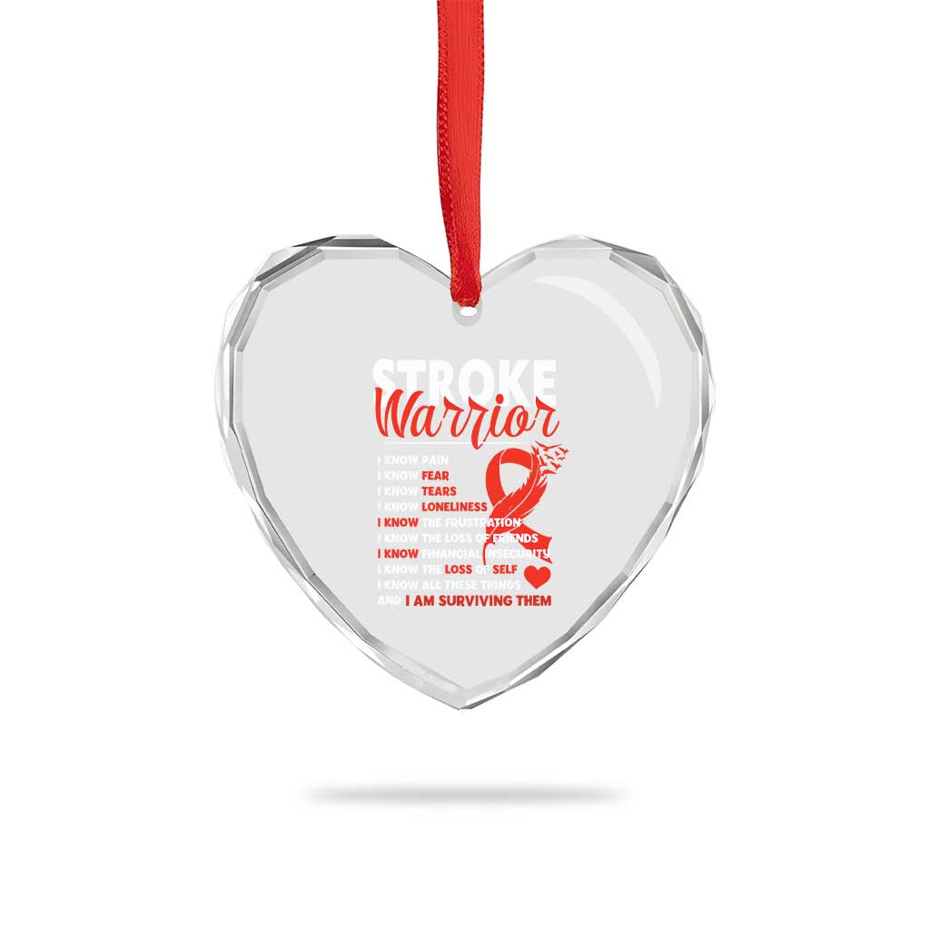 Stroke Warrior Heart Crystal Glass Ornament I know Pain Fear Feather Red Ribbon