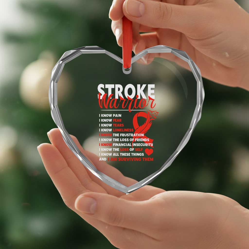 Stroke Warrior Heart Crystal Glass Ornament I know Pain Fear Feather Red Ribbon
