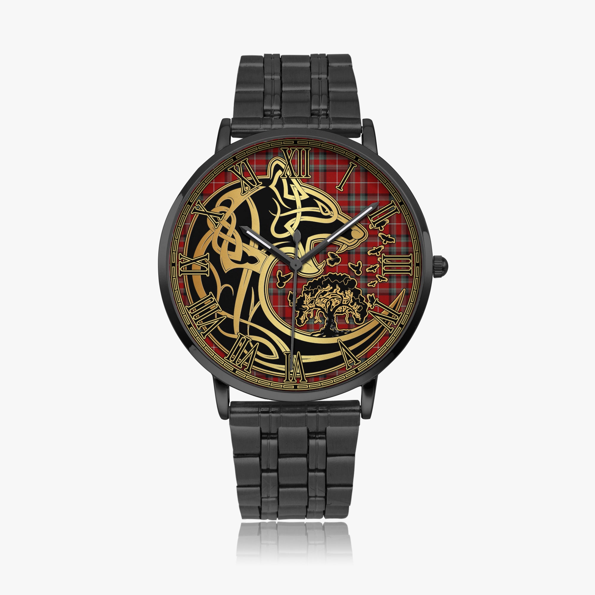 stuart-of-bute-tartan-watch-with-stainless-steel-trap-tartan-instafamous-quartz-stainless-steel-watch-golden-celtic-wolf-style