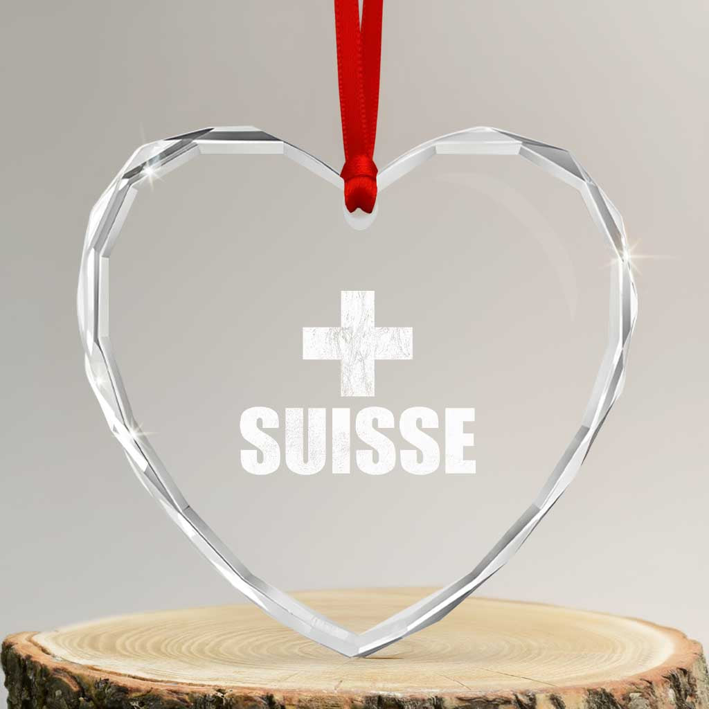 Suisse Swiss French Vintage Cross Flag Switzerland Roots Heart Crystal Glass Ornament