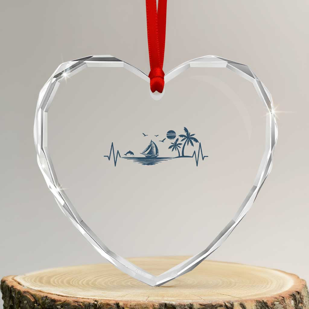 Summer Vacation Heartbeat Pulse Sunset Silhouette Heart Crystal Glass Ornament Tropical Island Lover